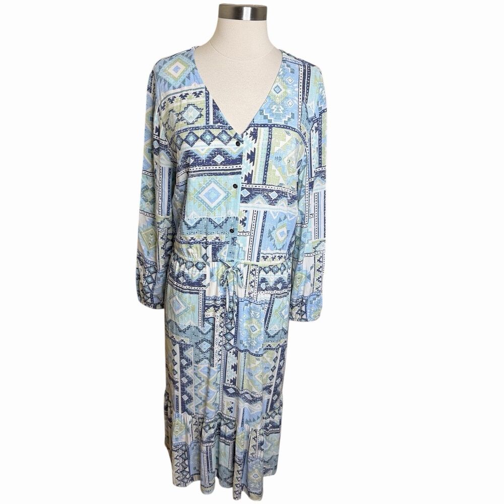 3/$25 Canyon Retreat Mesa Midi Dress M Blue Printed Tiered Boho Southwestern